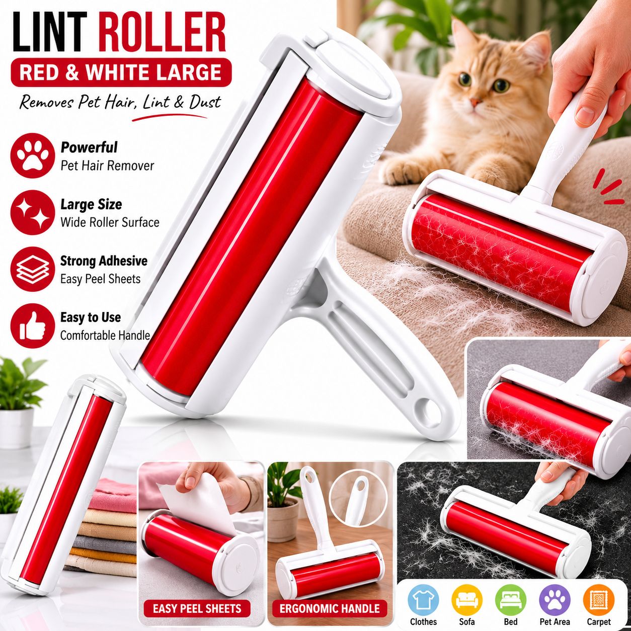 Large Red & White Pet Hair Lint Roller