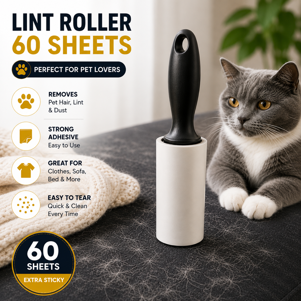 Reusable Lint Roller – 60 Sticky Sheets Pet Hair Remover