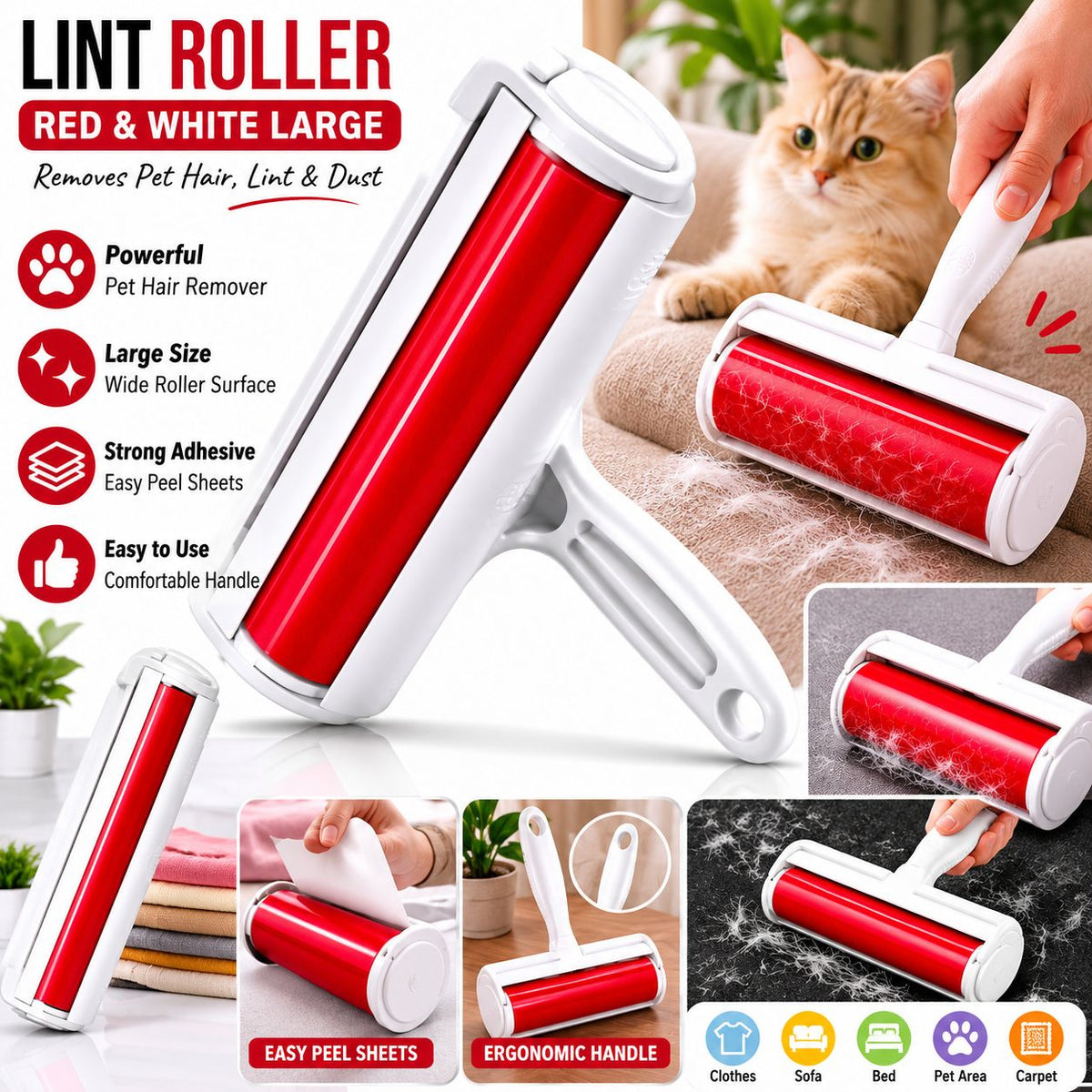 Large Red & White Pet Hair Lint Roller