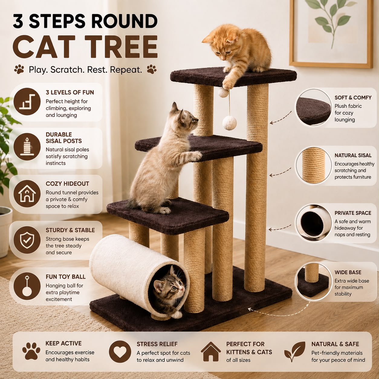 3 Steps Round Cat Tree – 85CM