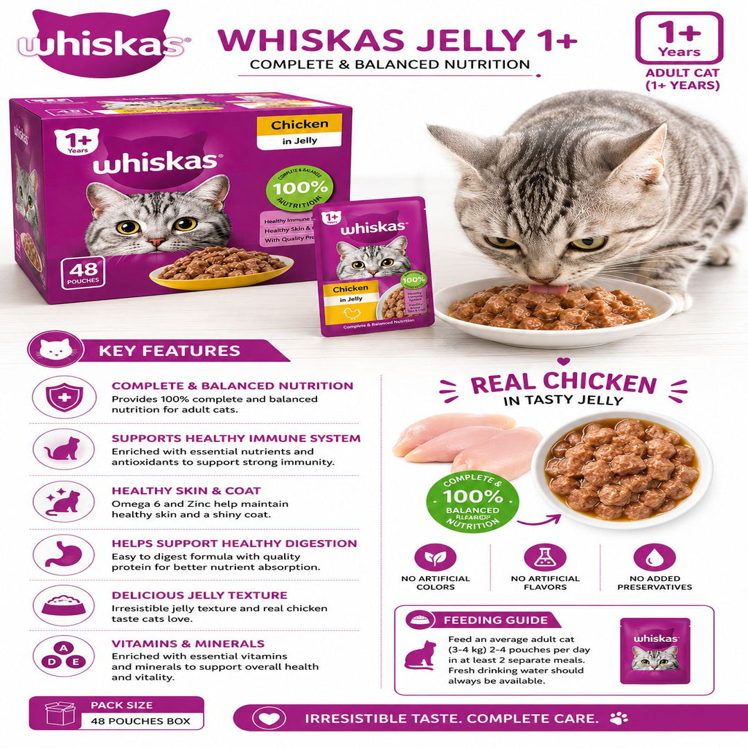 Whiskas Jelly 1+ Adult Cat Food (48 Pouches Box)